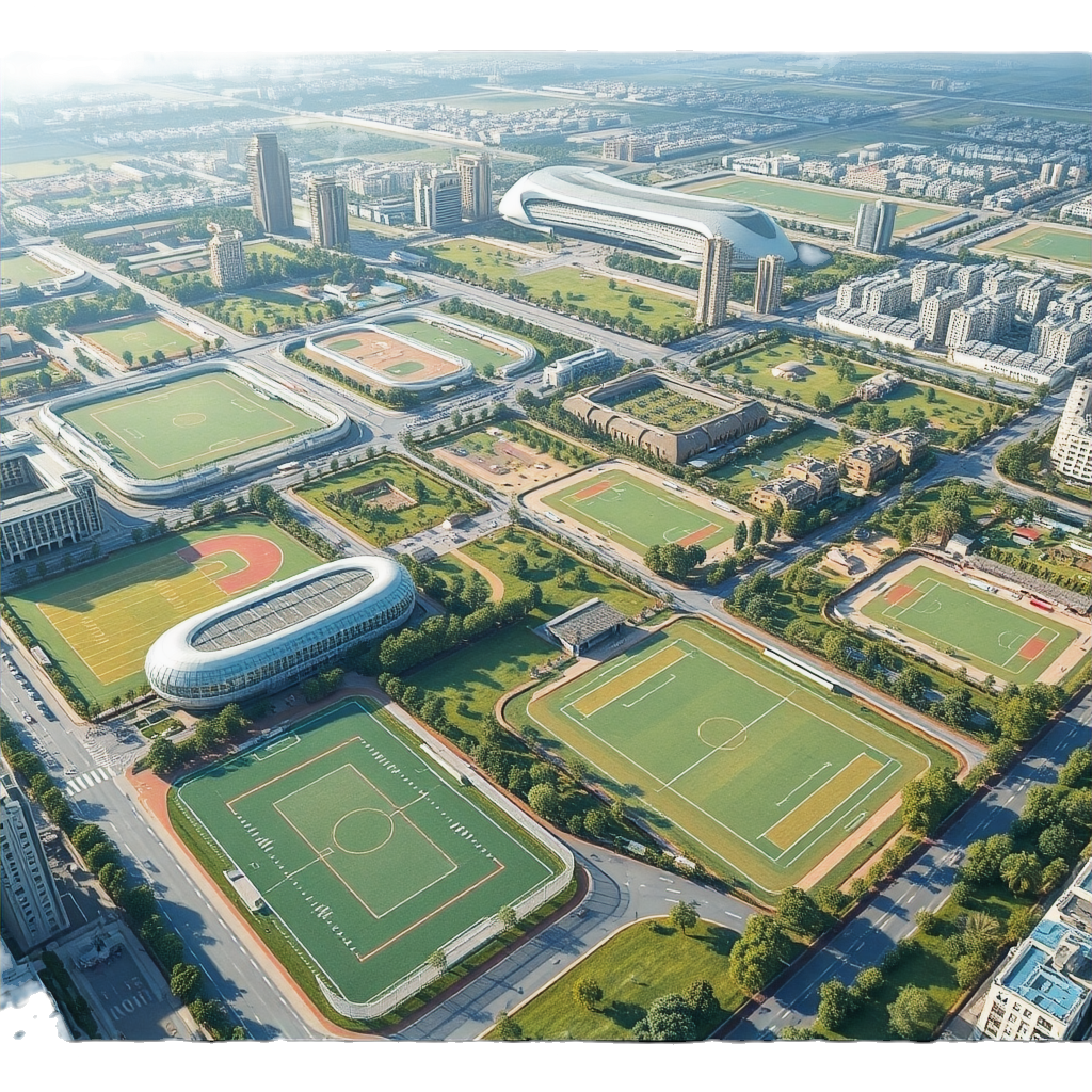 Aerial view of sports complex and city