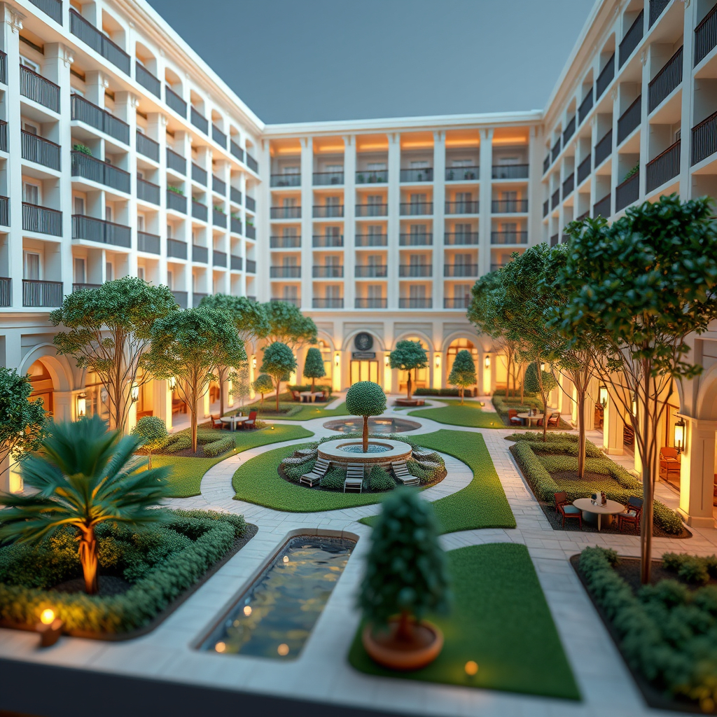 3D architectural model of hotel courtyard landscape