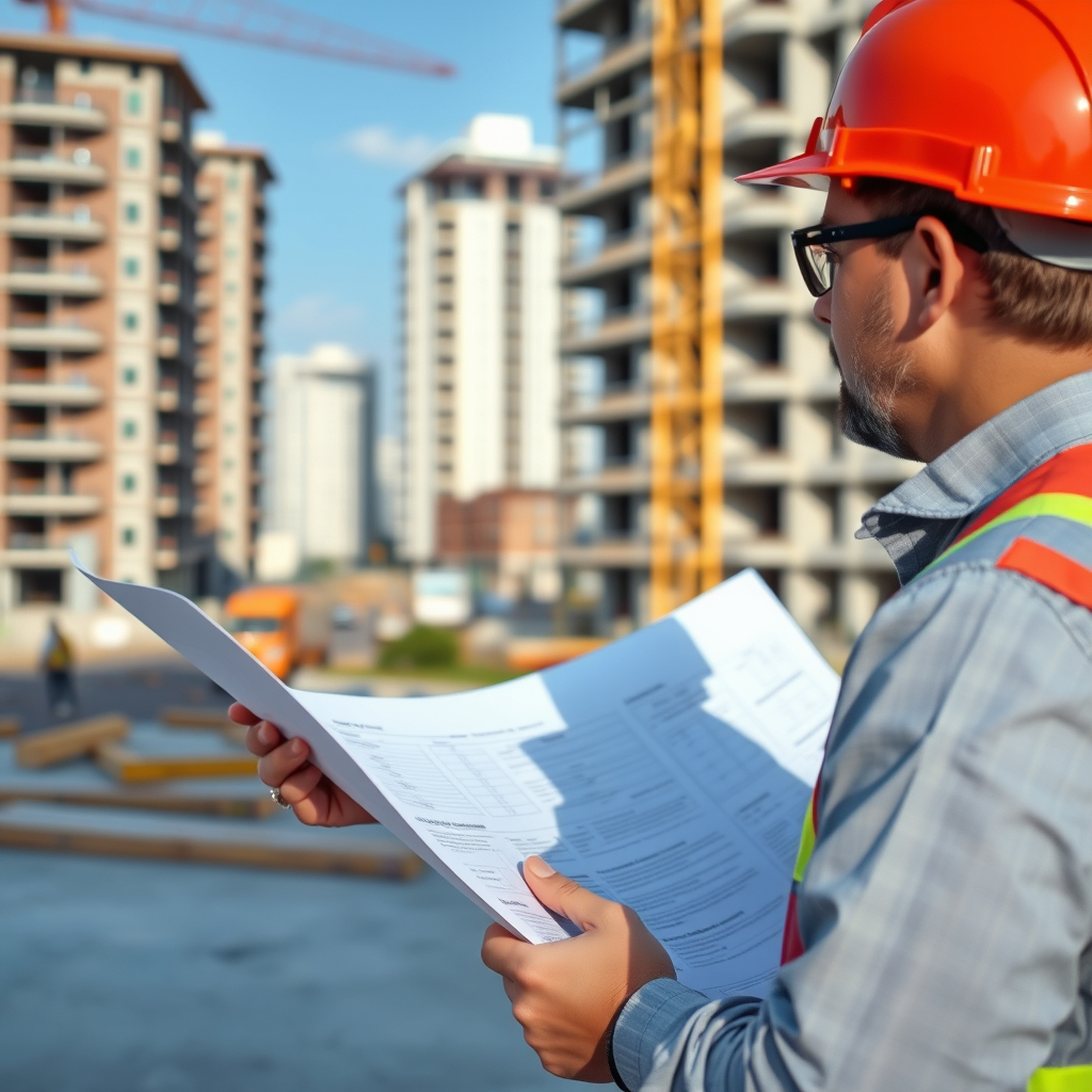 Consultant on construction site with plans