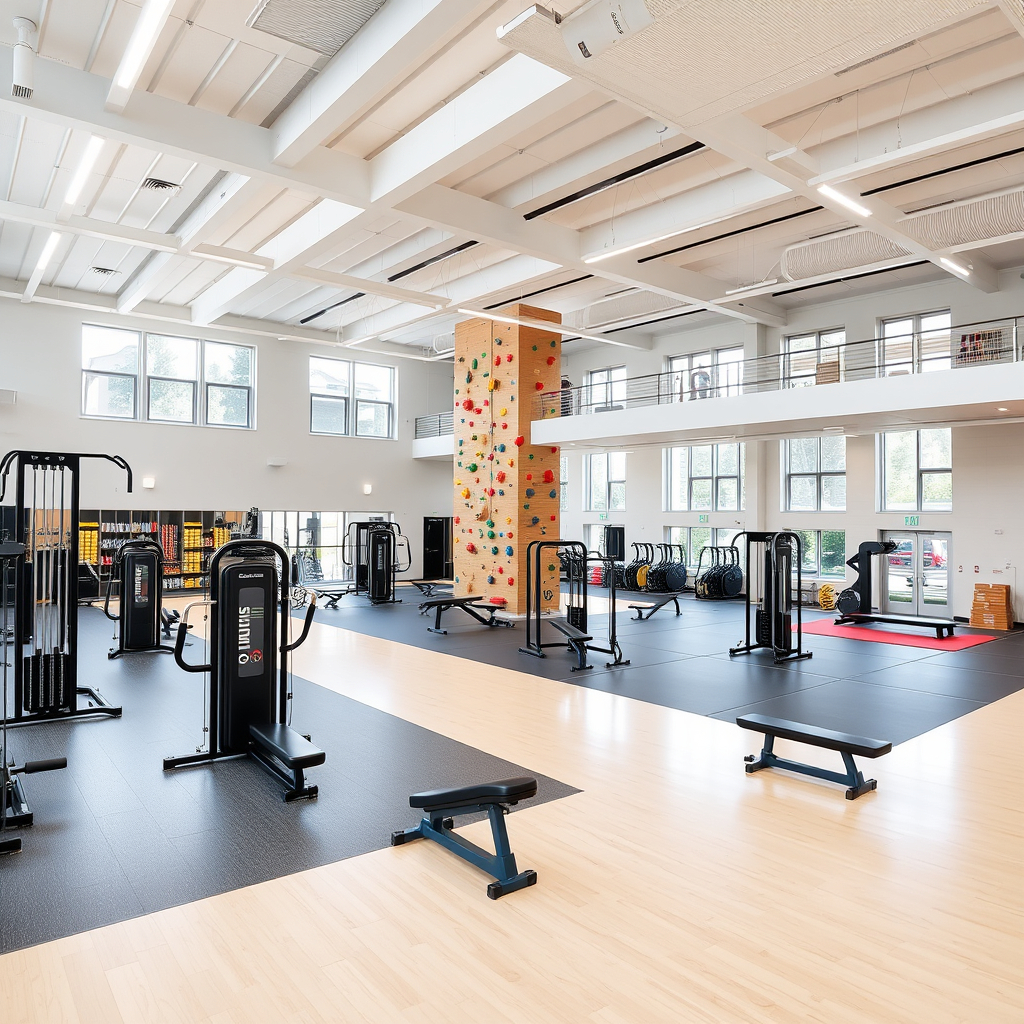 Modern indoor gym with climbing wall and equipment